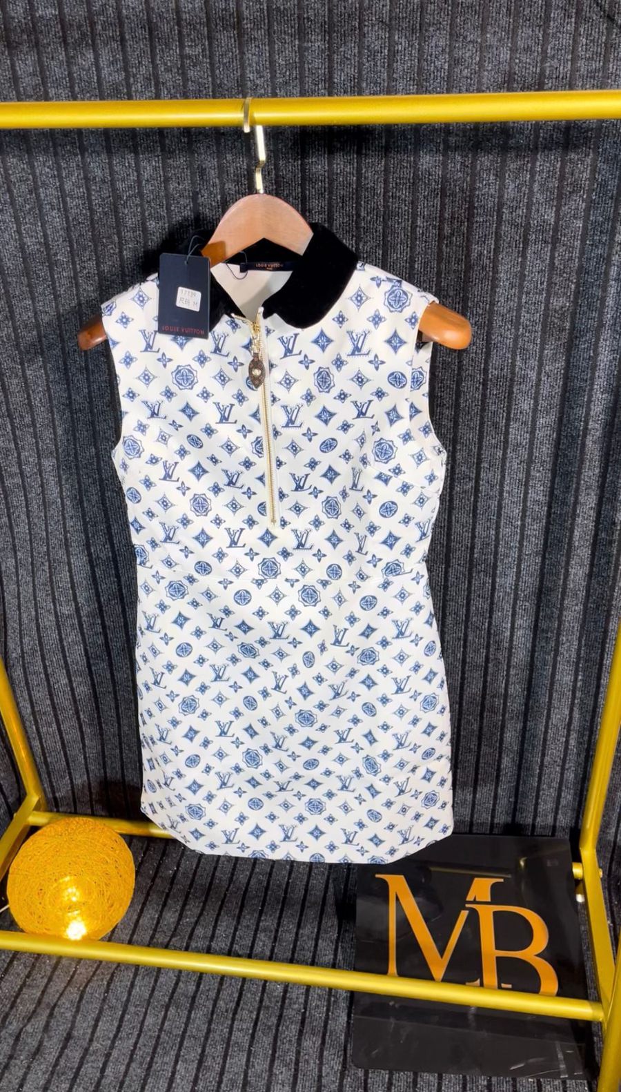 White and blue monogram sleeveless dress with velvet collar